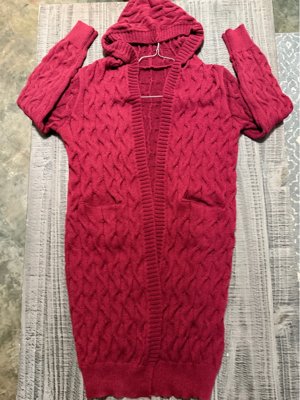 Hooded Cable-Knit Long Cardigan Sweater - Raspberry Maroon
